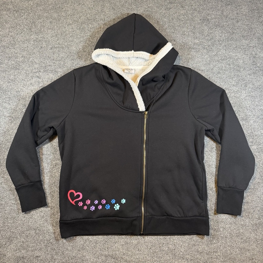 The Animal Rescue Site Womens XL Black Full Zip Sherpa Lined Hoodie Pawprints